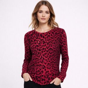 Neiman Marcus Cashmere Sweater Womens XL Red Black Leopard Print Crew Neck